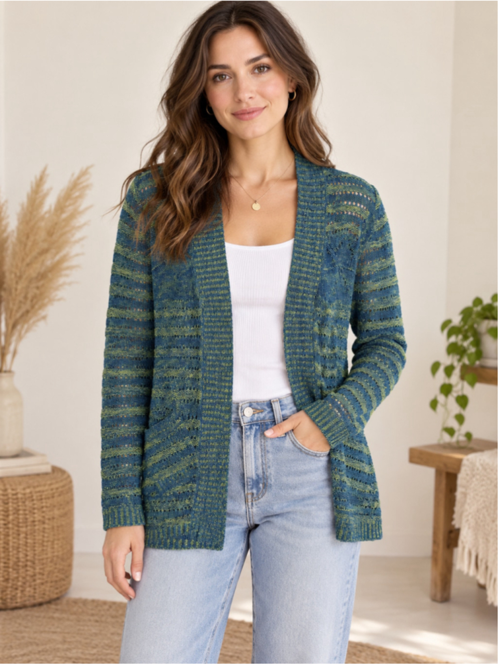 Belldini Women’s Medium Blue Green Open Knit Cardigan Sweater Boho